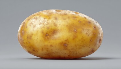 Single potato, light yellow, brown spots, oval shape, studio shot