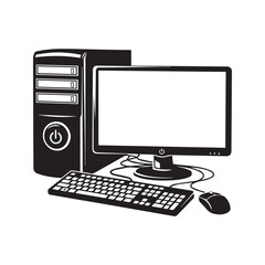 Desktop computer workstation silhouette, PC setup with monitor, keyboard, and mouse vector illustration