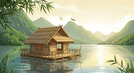 Fototapeta premium A tranquil bamboo raft house floats on a serene lake surrounded by lush green mountains at dawn.
