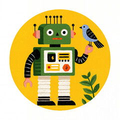 a cartoon robot with a green face, black arms and legs, and a yellow background. The robot is holding a small blue bird in its right hand.
