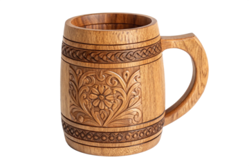 Handcrafted wooden beer mug with carved floral design isolated on transparent background, a vintage and rustic tankard for enjoying your favorite brew