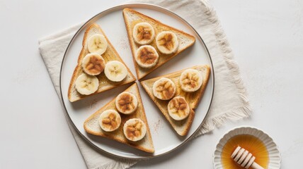 Triangular banana toast slices with honey dipper on white plate and napkin