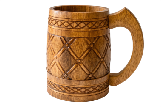 Handmade wooden beer mug with intricate carved pattern isolated on transparent background, a vintage and rustic tankard for enjoying your favorite brew
