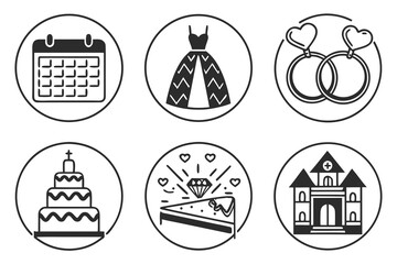 Wedding Icons Collection Calendar Dress Rings Cake Diamond Church.