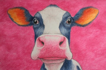 Colorful cow portrait against a bright pink background showcasing detailed features and vibrant hues
