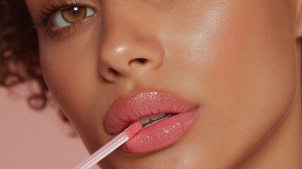 Naklejka premium Glossy pink lip gloss application on smooth skin with clear detail on lips and face, close up beauty shot showing natural makeup and healthy glowing complexion