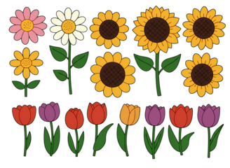 Collection of hand drawn cartoon style flowers including daisies sunflowers and tulips