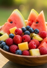 Obraz premium Summer Fruit Salad in Wooden Bowl