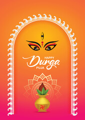 Elegant Happy Durga Puja Greeting Poster with Goddess Eyes and Golden Kalash on Ornamental Background