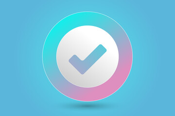 A circular checkmark icon on blue background, in symbolizing approval, success, or task completion vector illustration. and gradient border of cyan to pink surrounding © Paradox-D