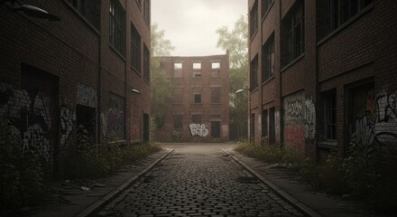 Fototapeta premium Misty urban decay showcasing a forgotten alleyway with brick structures and cobblestone path