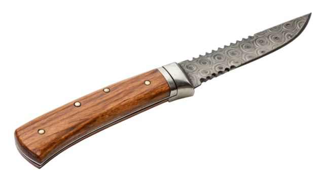 Hunting knife with a wooden handle isolated on transparent background is a sharp steel weapon with a vintage design for cutting and hunting