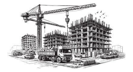 Fototapeta premium Building construction site with cranes Black and White Illustration on White Background