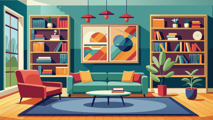 Vector art of stylish living room interior featuring a teal sofa, red armchair, wooden bookshelves, and abstract art, offering a chic and inviting home