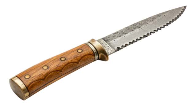 A close up studio shot of a serrated hunting knife with a wooden handle isolated on transparent background, showcasing its design and craftsmanship
