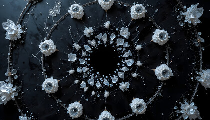 circular crystalline flower mandala with geometric beads on deep black backdrop