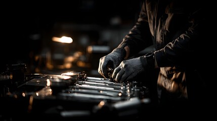 Close-up of a mechanic working on an engine.