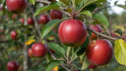 Ripe red apples growing on a tree branch with green leaves, soft natural lighting