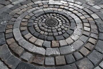 Pattern of concentric stone circles creates an artistic pavement design in a public walkway during the day