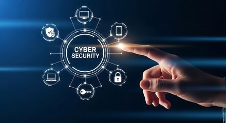 Hand touching a digital interface displaying cybersecurity icons representing data protection and network security solutions for online safety