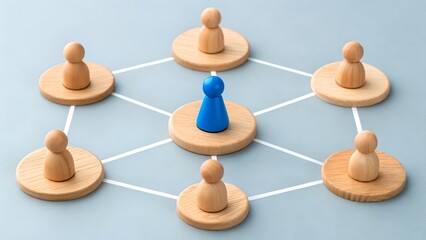 Central blue figure linked to surrounding neutral members. Conceptual visual of leadership, organizational connectivity, centralized management. Network hierarchy, team collaboration