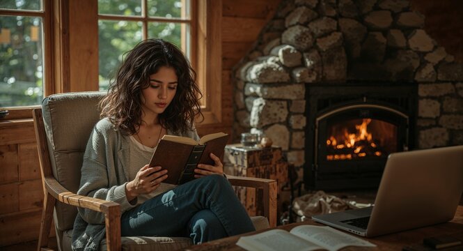 Woman reading a book by fireplace in a cozy cabin room