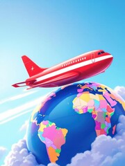 Red cartoon airplane flying over colorful globe