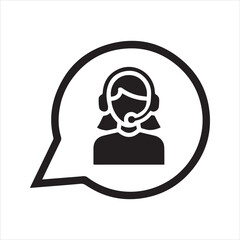 Female call center agent icon in speech bubble, customer support operator with headset vector symbol for online assistance
