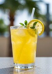 Refreshing Yellow Lemonade with Ice and Mint in a Glass