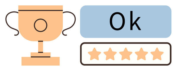 Trophy symbolizing success, five stars for top rating, and Ok for approval. Ideal for recognition, quality assurance, feedback, achievements, customer satisfaction excellence motivation. Simple