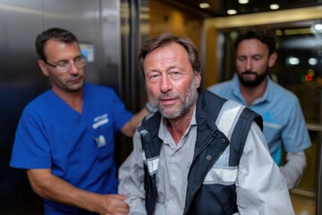 Fototapeta premium An emergency situation unfolds in an elevator, with two medical professionals assisting a man showing signs of distress, highlighting the urgency of healthcare intervention.