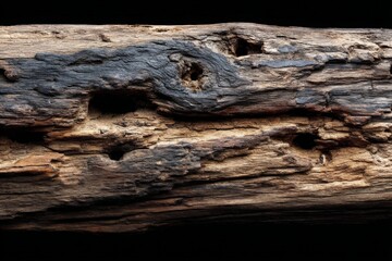 Weathered wood log exhibiting natural texture and holes on a dark background captured in low light for artistic effect