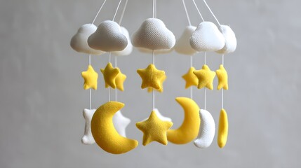 Yellow and white soft fabric mobile for a baby.