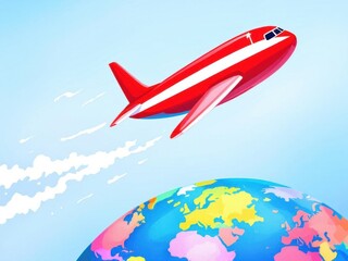 Red cartoon airplane flying over colorful globe