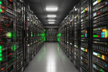 Fototapeta premium Illuminated server room showcasing rows of data storage equipment with bright LED indicators during nighttime
