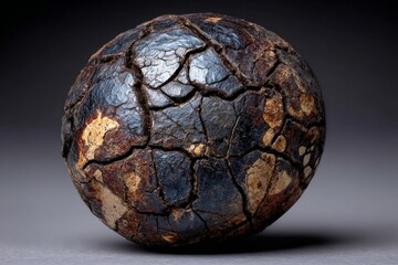 Unique cracked sphere with textured surface in dark tones displayed against a simple background