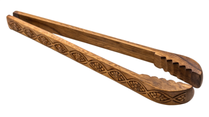 Wooden serving tongs with carved pattern isolated on transparent background, a versatile kitchen tool for grilling, salad, and food preparation
