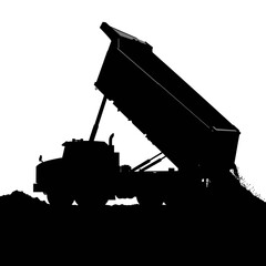 Obraz premium Silhouette of a dump truck unloading cargo, creating a stark contrast against a white background, ideal for industrial or construction-themed designs and illustrations.