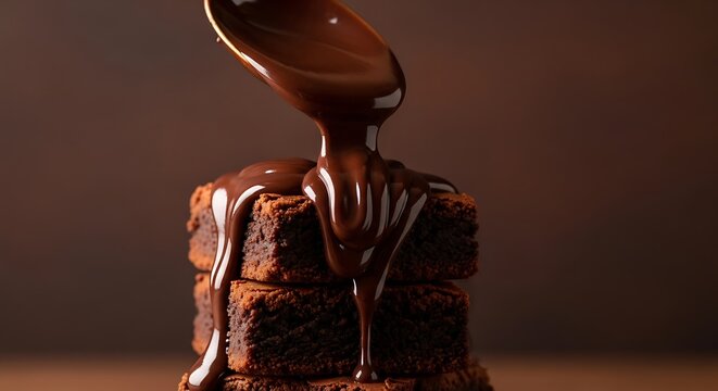 Rich, dark chocolate sauce being drizzled from a spoon onto a stack of decadent, moist brownies, creating a tempting dessert.