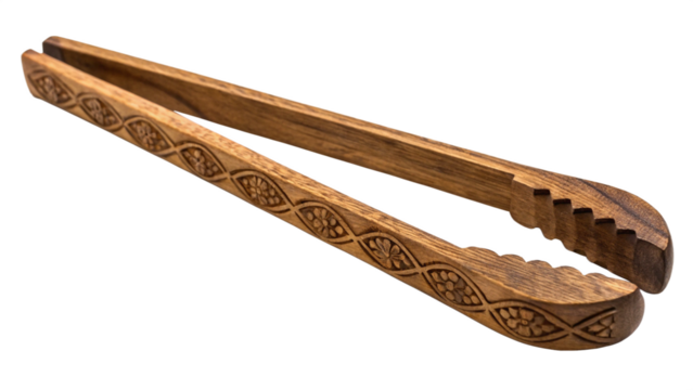 Wooden serving tongs with carved pattern isolated on transparent background, a versatile kitchen tool for grilling, salad, and food preparation