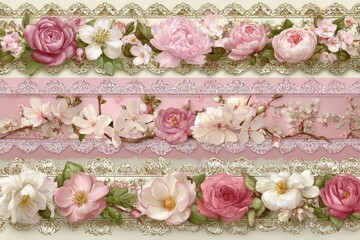 Beautiful floral patterns with pink roses and blossoms in vintage style for elegant decor