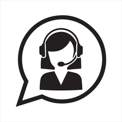 Female call center agent icon in speech bubble, customer support operator with headset vector symbol for online assistance