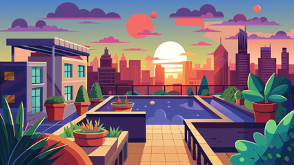 Vector art of stylized illustration of a city rooftop with a pool and plants during a colorful sunset, overlooking a vast urban skyline