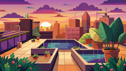 Vector art of rooftop with swimming pool and lush plants overlooking a city skyline at sunset, urban oasis with modern buildings and vibrant sky