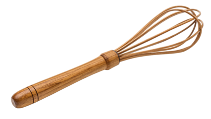 Wooden whisk isolated on transparent background, a kitchen utensil for cooking and mixing ingredients, perfect for baking and whipping cream