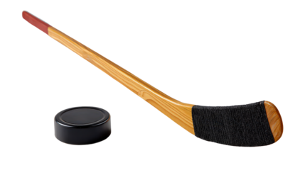 Wooden Hockey Stick with Puck Isolated on White Background
