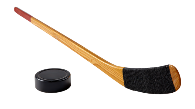 Wooden Hockey Stick with Puck Isolated on White Background