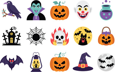 Halloween icons and symbols for seasonal decorations