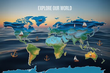 Embark on global adventures with this stunning world map featuring sailing ships, anchors, and lighthouses amidst ocean waves, inspiring exploration and travel dreams.
