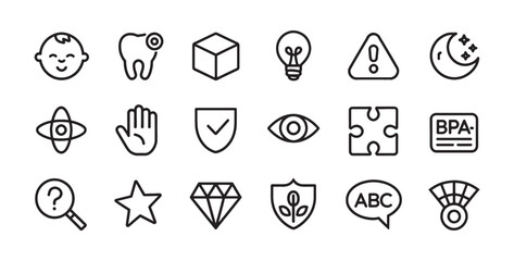 Baby Product Safety and Development Icons – BPA Free, Star Rating, Warning, Eye, Shield, Puzzle

